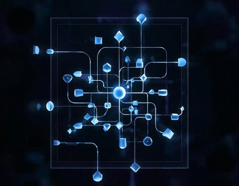 Blaues Netzwerkdiagramm mit verbundenen Symbolen und Linien auf dunklem Hintergrund.