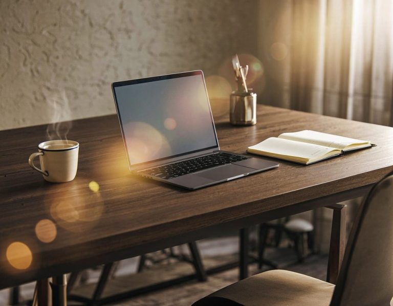 Ein moderner Laptop auf einem Holztisch mit einer Tasse Kaffee und einem offenen Buch.