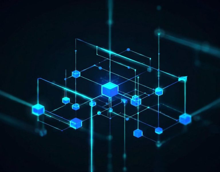 Grafik mit vernetzten Kästchen und Linien in Blau- und Schwarztönen.