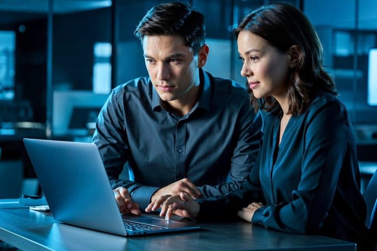 Zwei Personen arbeiten konzentriert an einem Laptop in einem modernen Büro.
