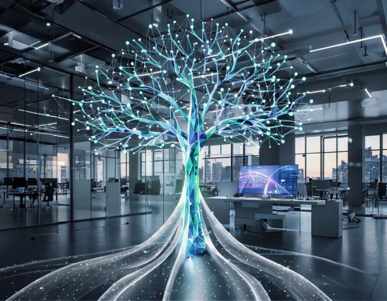 Futuristischer Baum mit leuchtenden, digitalen Verästelungen in einem modernen Büro.