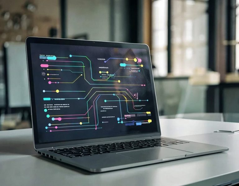 Laptop auf einem Tisch mit einem bunten Code-Diagramm auf dem Bildschirm.